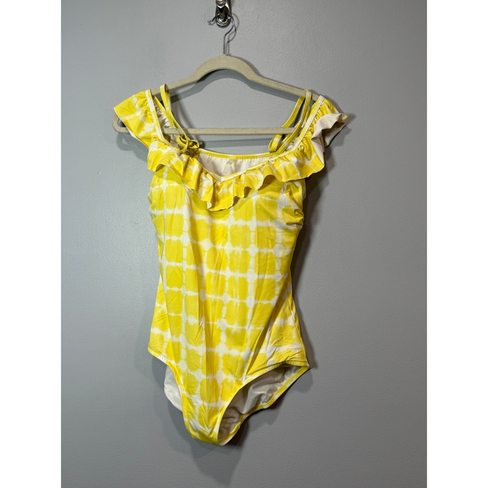 Lands End Womens Yellow Tie Dye‎ Ruffle One Piece Swimsuit Size 12 523874